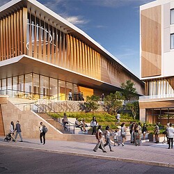 The Black Ensemble Theater, with a facade wooden slats and large windows