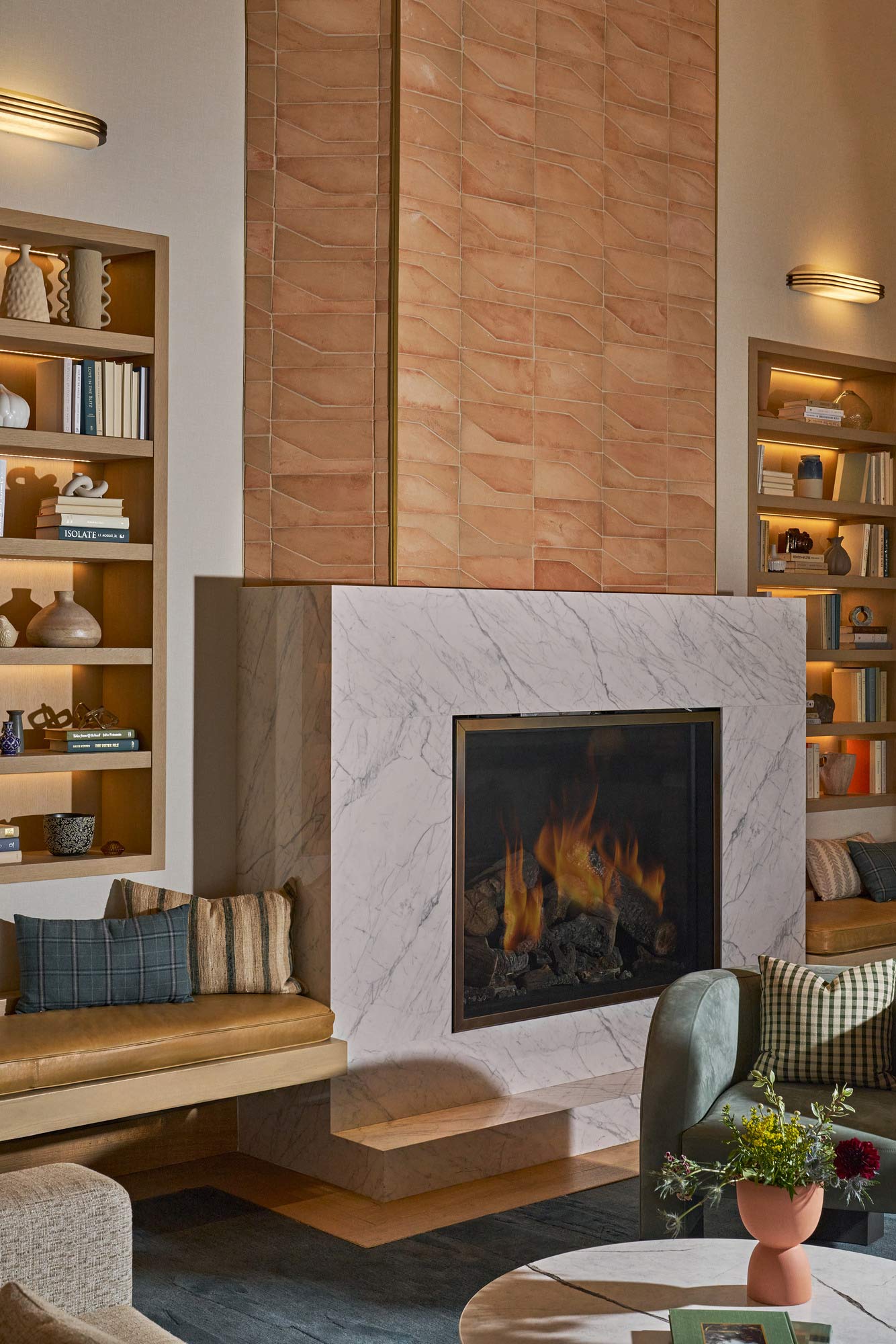 A fireplace in a room.