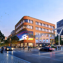 A large building with a sign on it.