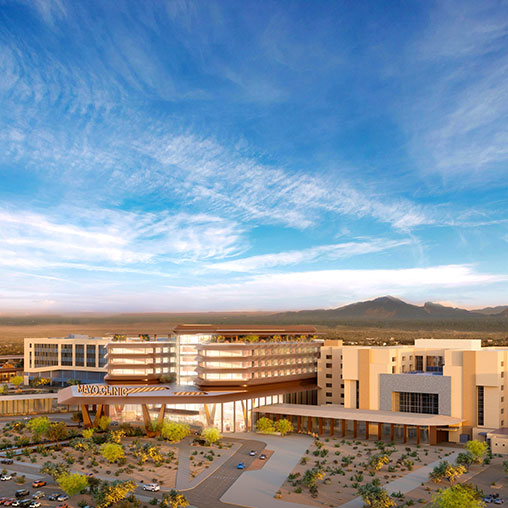 Mayo Clinic Phoenix campus exterior rendering with blue skies