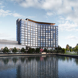Miyako Hybrid Hotel Plano rendering with body of water in foreground