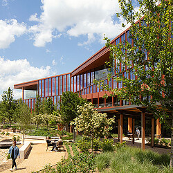 A building with a red roof.