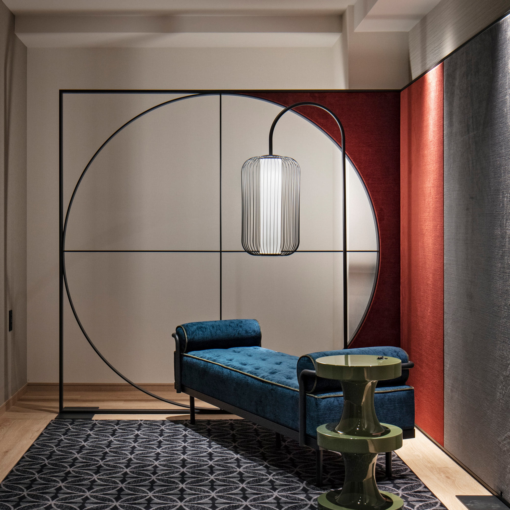 Close-up of lounge chair, side table, and lamp