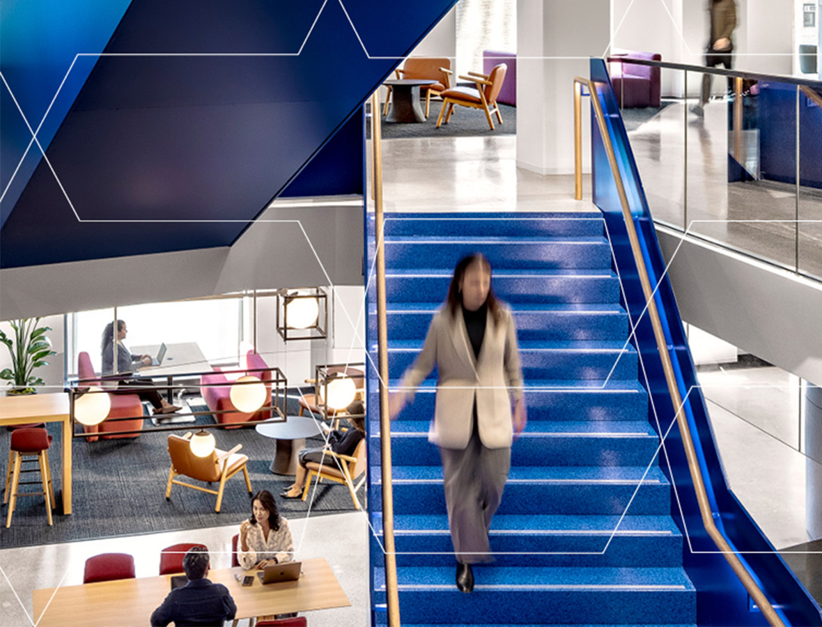 A person walking up a flight of stairs.