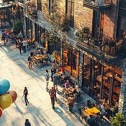 A group of people walking on a sidewalk next to a building.