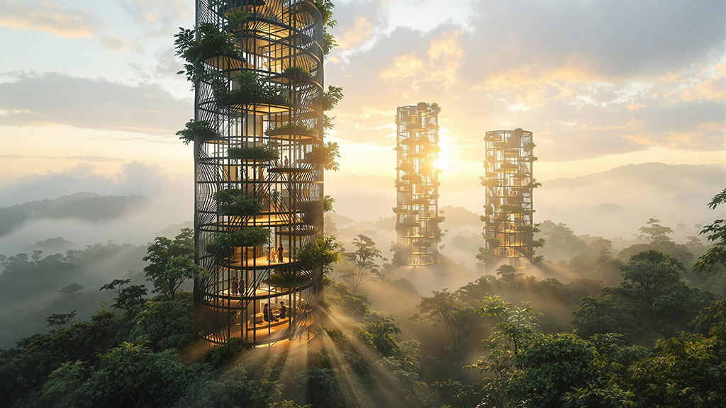 ‘The 500-Year Building’ rendering of 3 tall towers rising above forest