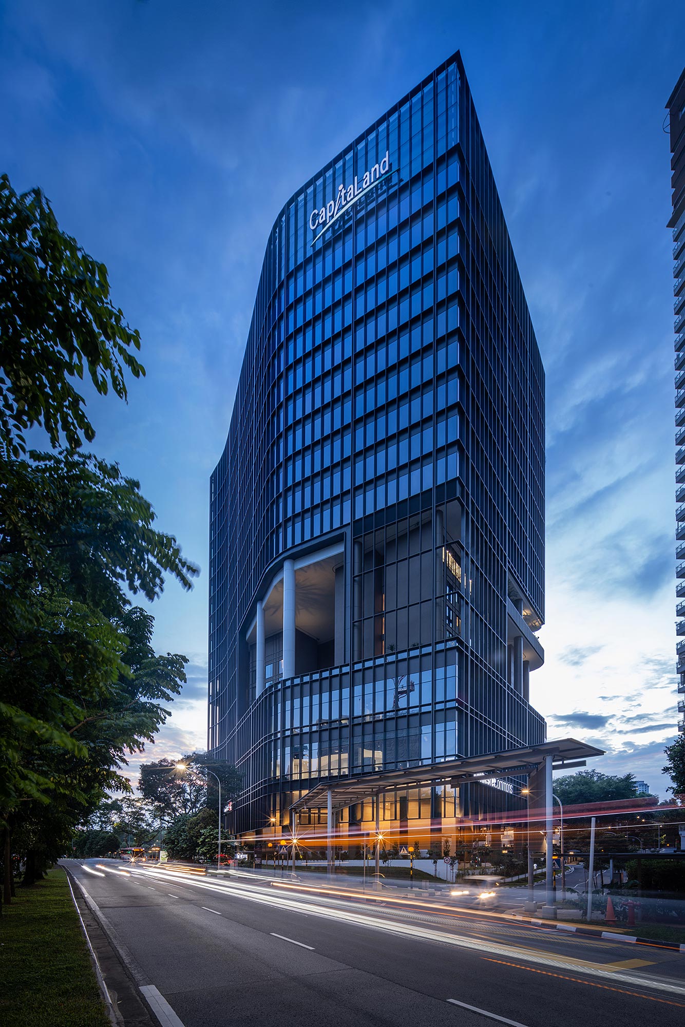 A tall glass building.