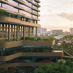Rochester Commons building exterior with city skyline