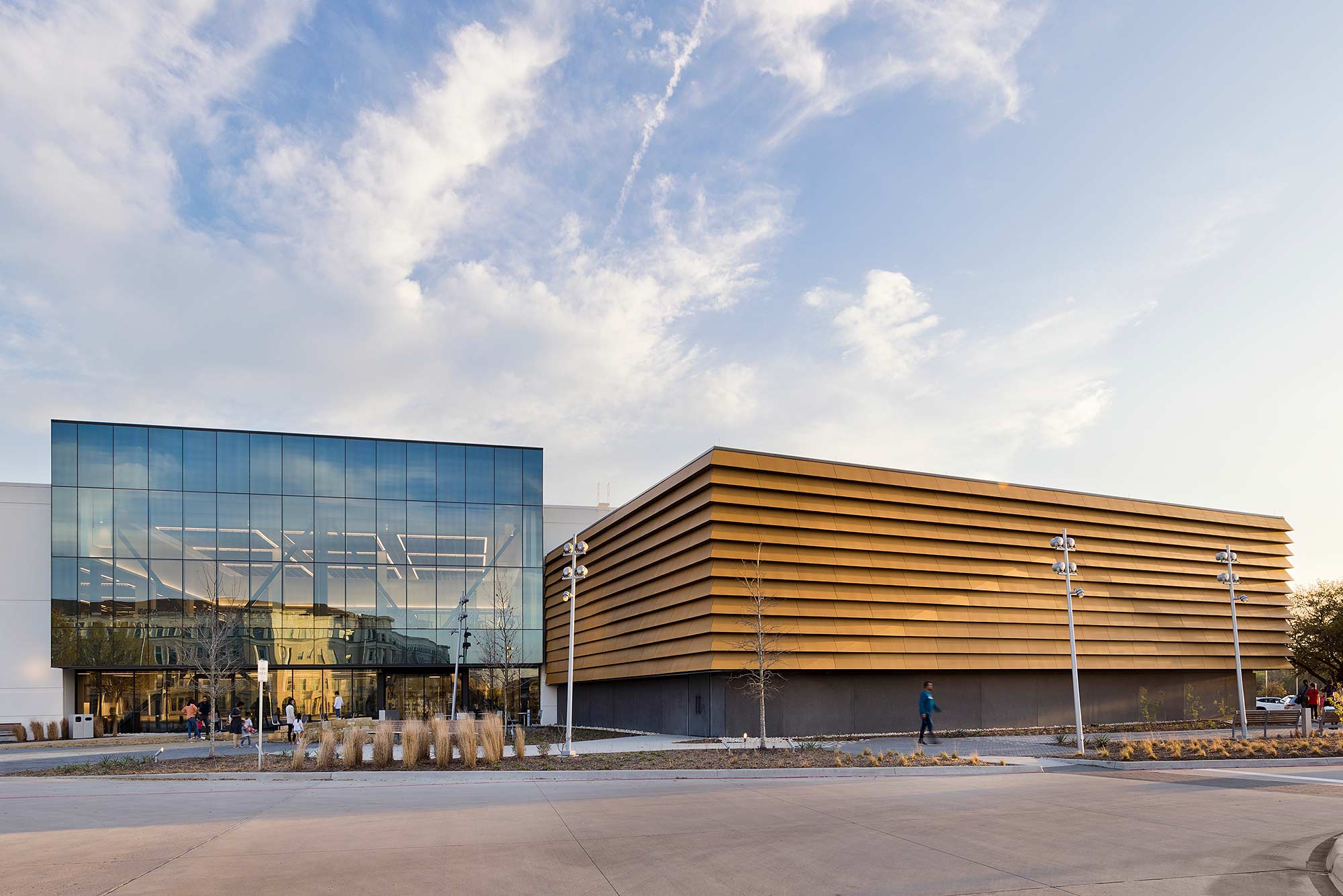 A building with a glass front.
