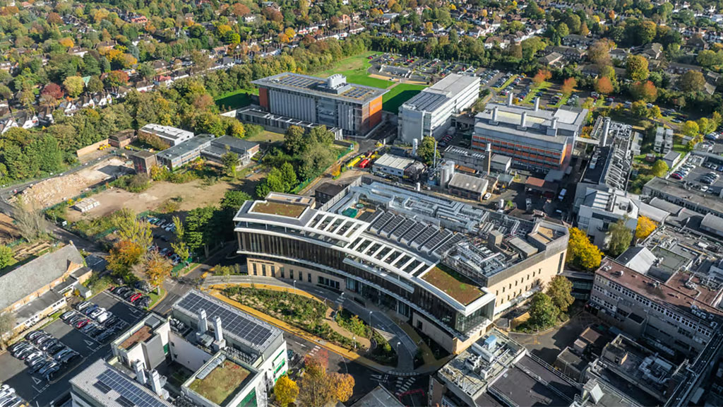 Aerial view of a large building.