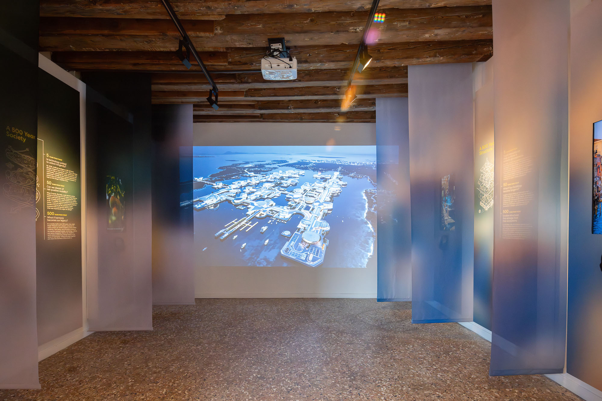 A large blue screen in a room.