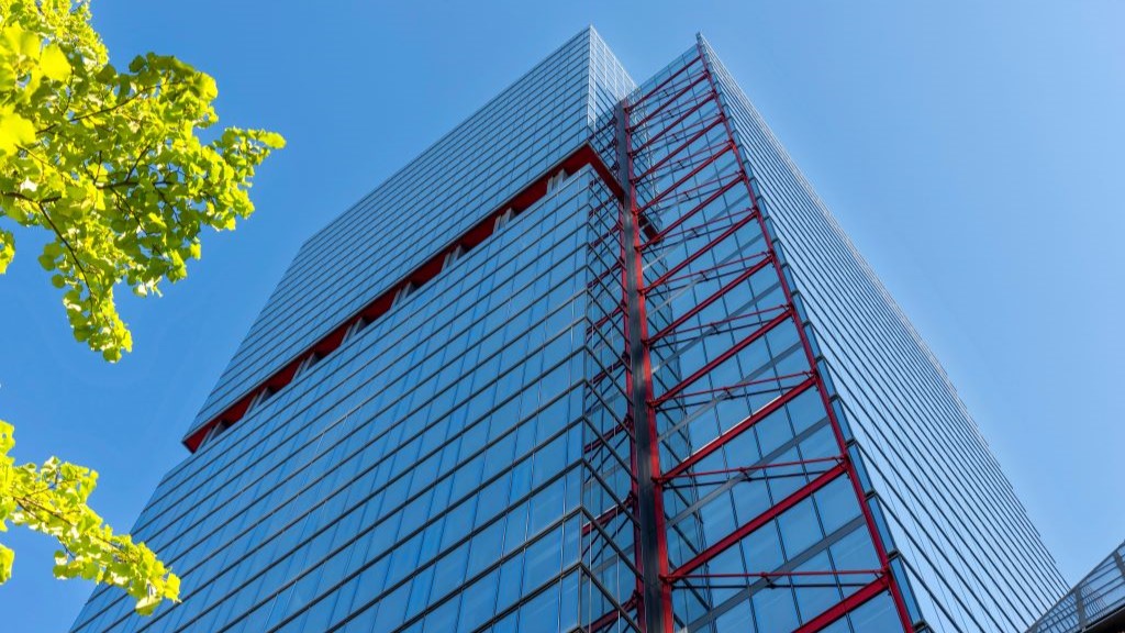 A tall red and black tower.