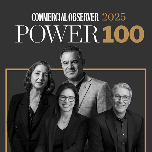 Gensler Global Co-Chairs Andy Cohen and Diane Hoskins and Co-CEOs Jordan Goldstein and Elizabeth Brink headshots composited with Commercial Observer 2025 Power 100 header