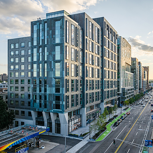 A tall building with many windows.