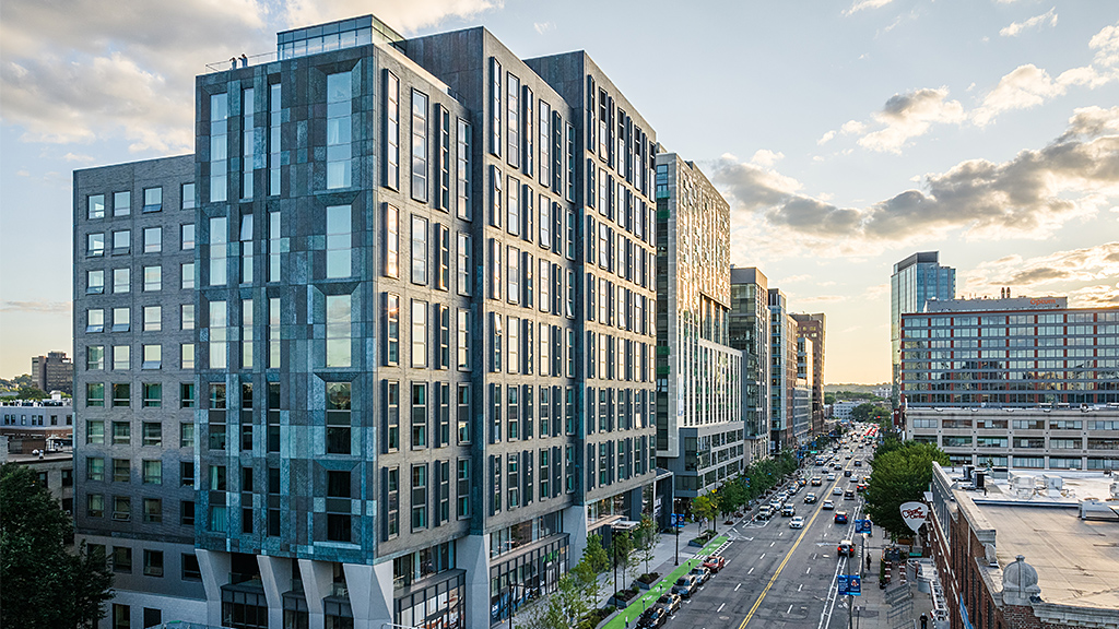 A tall building with many windows.