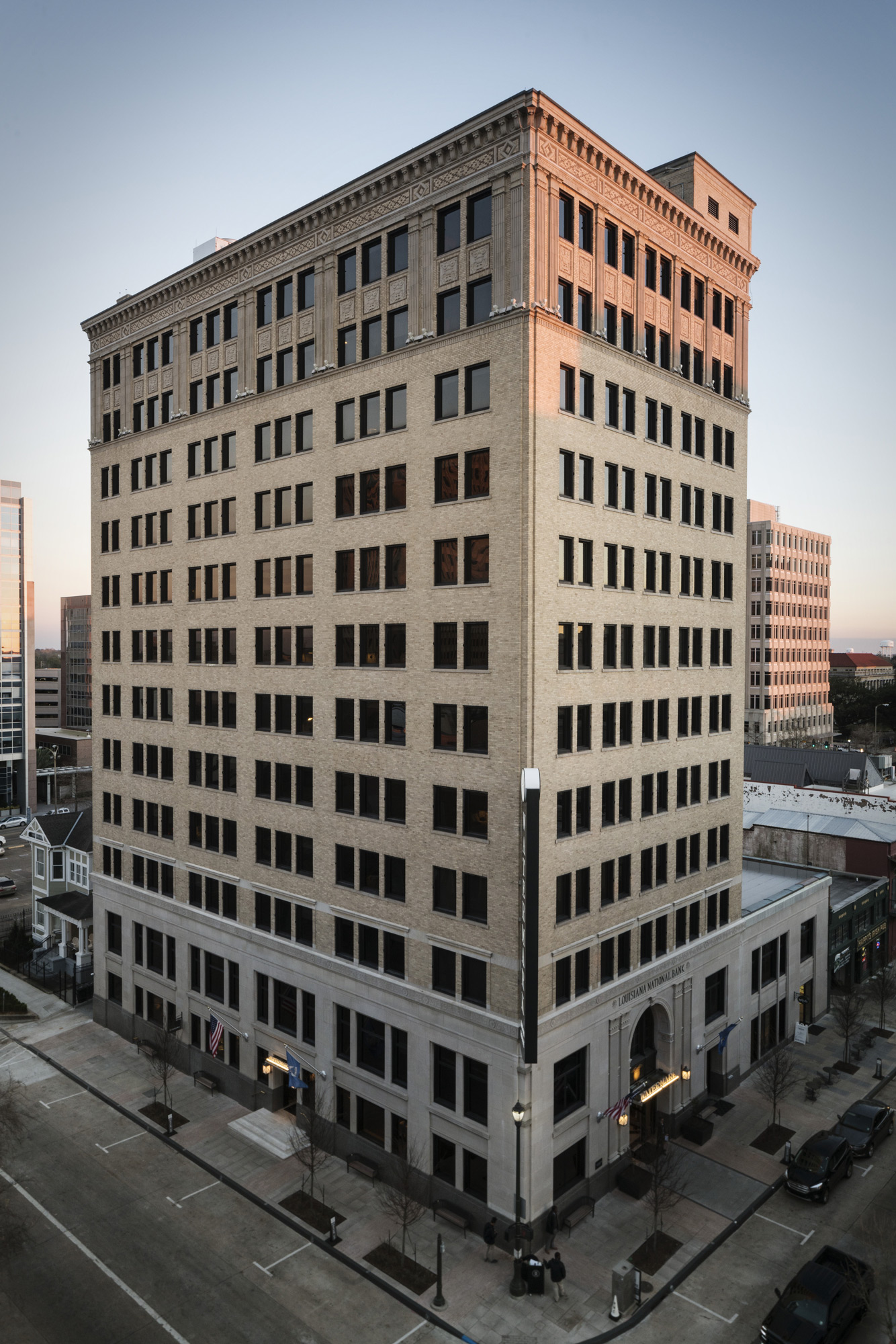 A tall building with many windows.
