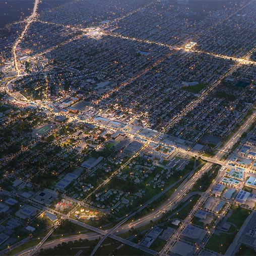An aerial view of a city.