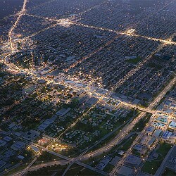 An aerial view of a city.