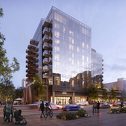 A tall building with many windows.