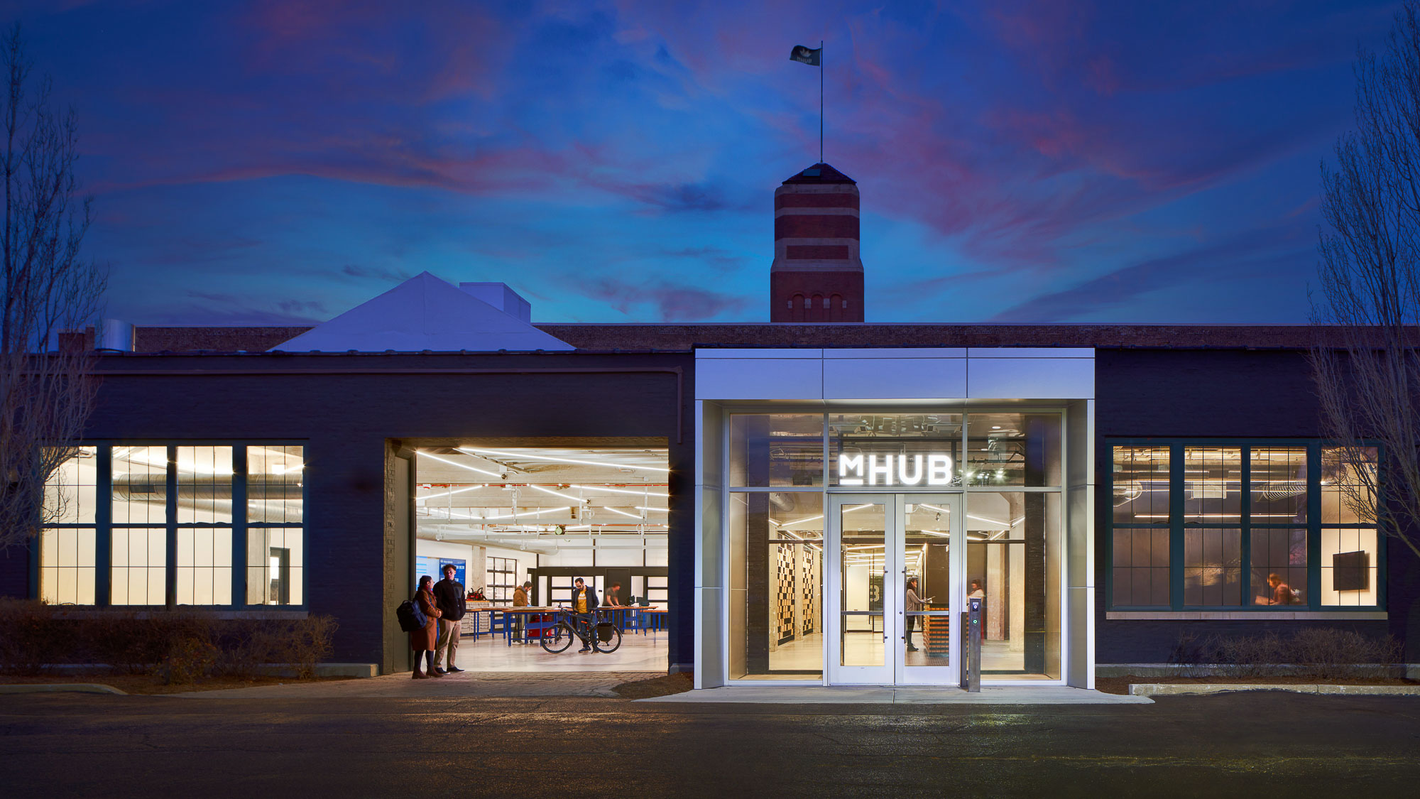 mHUB Chicago building exterior at night