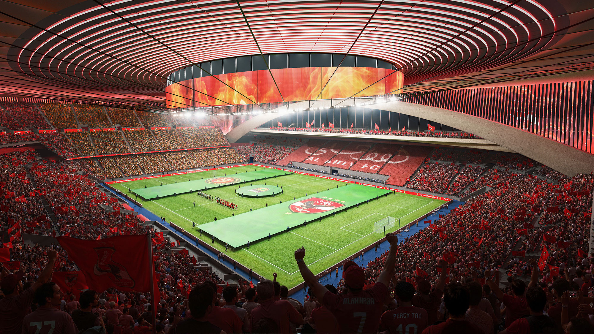 A large stadium with a field and people in it.