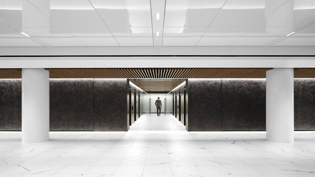 A person walking in a large building.