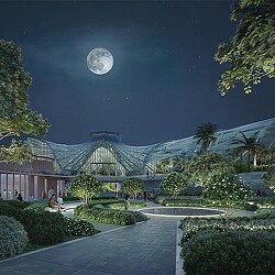 People sitting and walking around in a rendering of an immersive experience at ADREA Glasshouse and Botanical Garden.