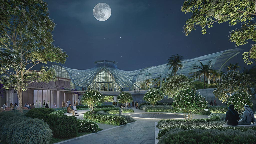 People sitting and walking around in a rendering of an immersive experience at ADREA Glasshouse and Botanical Garden.