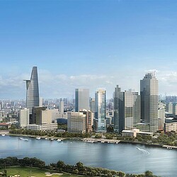 The city skyline of Ho Chi Minh City with a river.