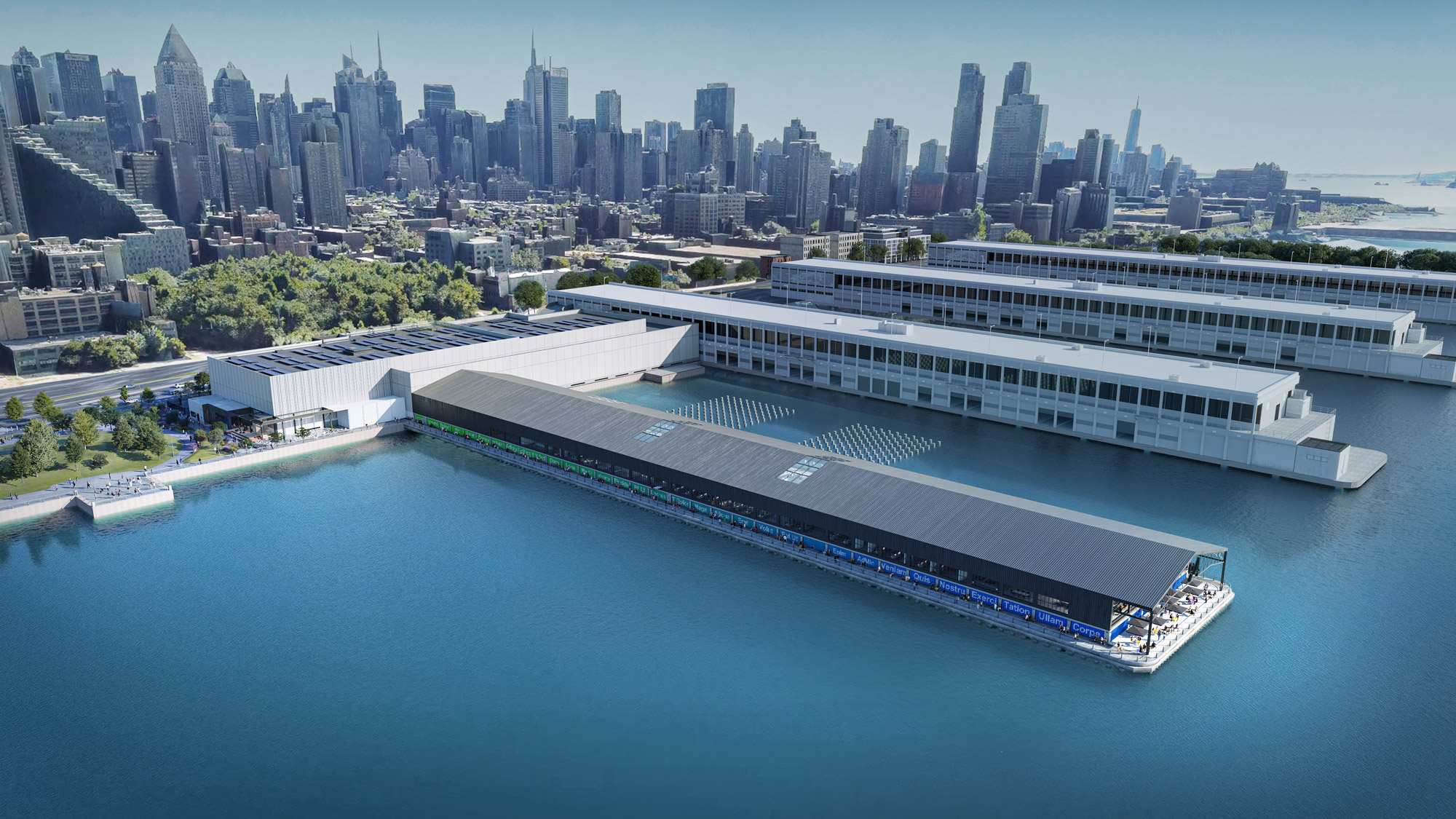 A large pier in the Hudson River with New York City in the background.