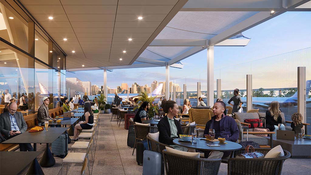 Rendering of the planned dining terrace at San Diego International Airport, estimated 2027.
