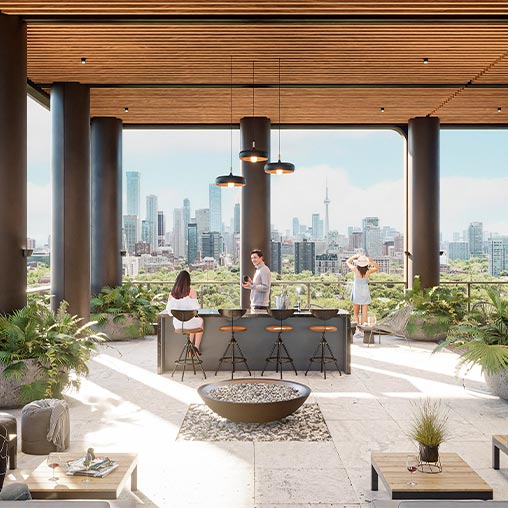 A group of people on the rooftop of the converted office to residential building at 1St. Clair West.