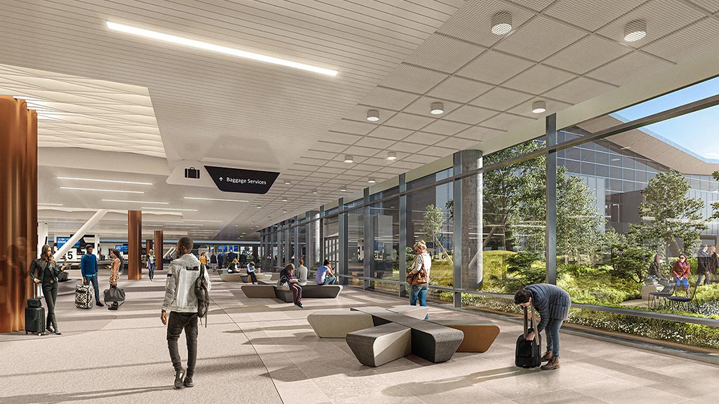 Rendering of people walking in the terminal looking out to the terrace.