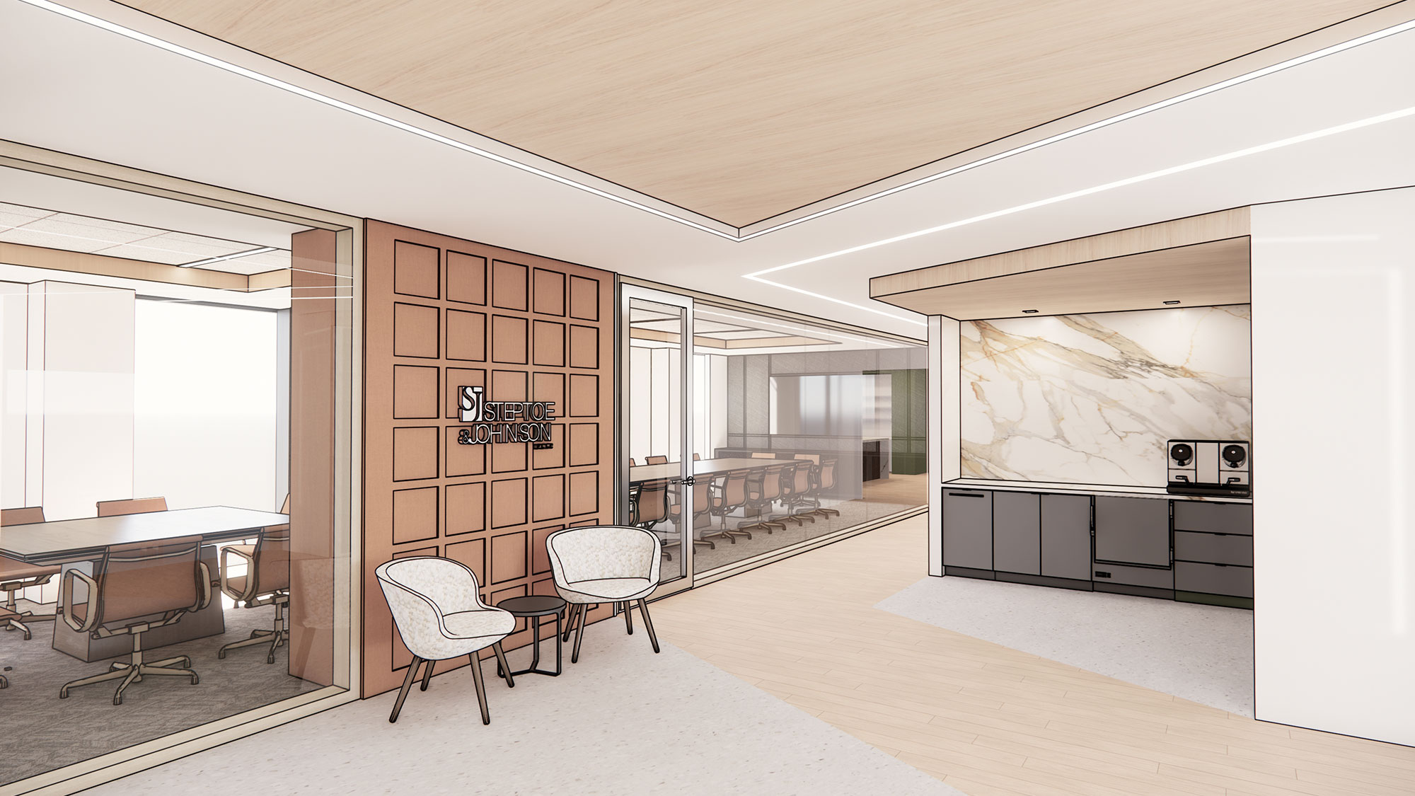 A room with a table chairs and a large screen.