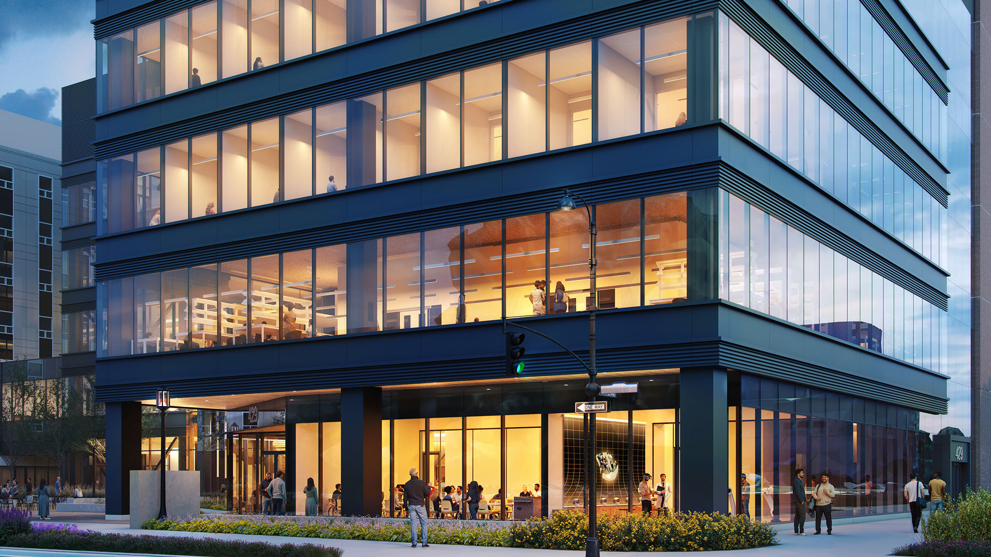 A building with glass windows.