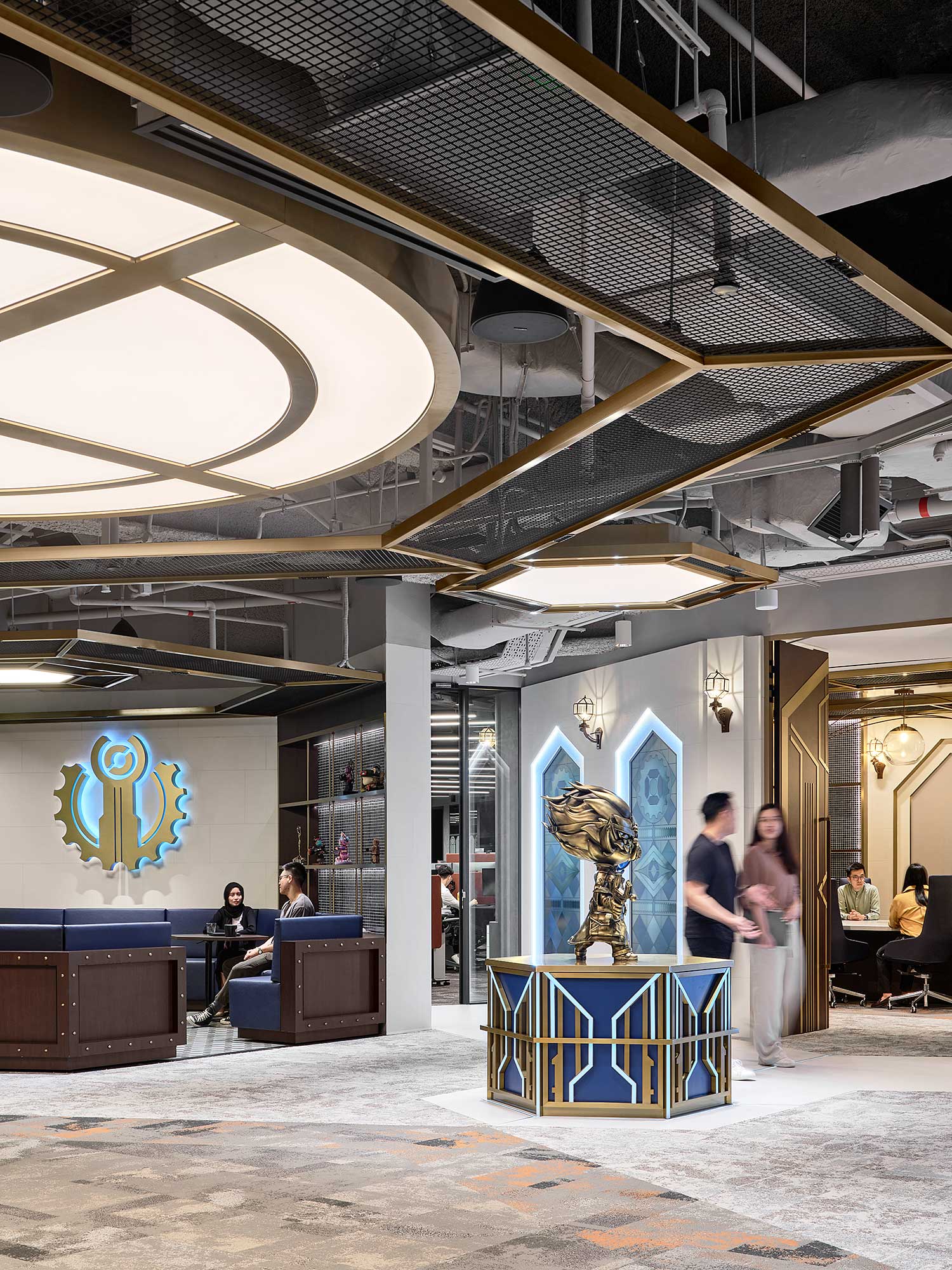 A group of people in a building.