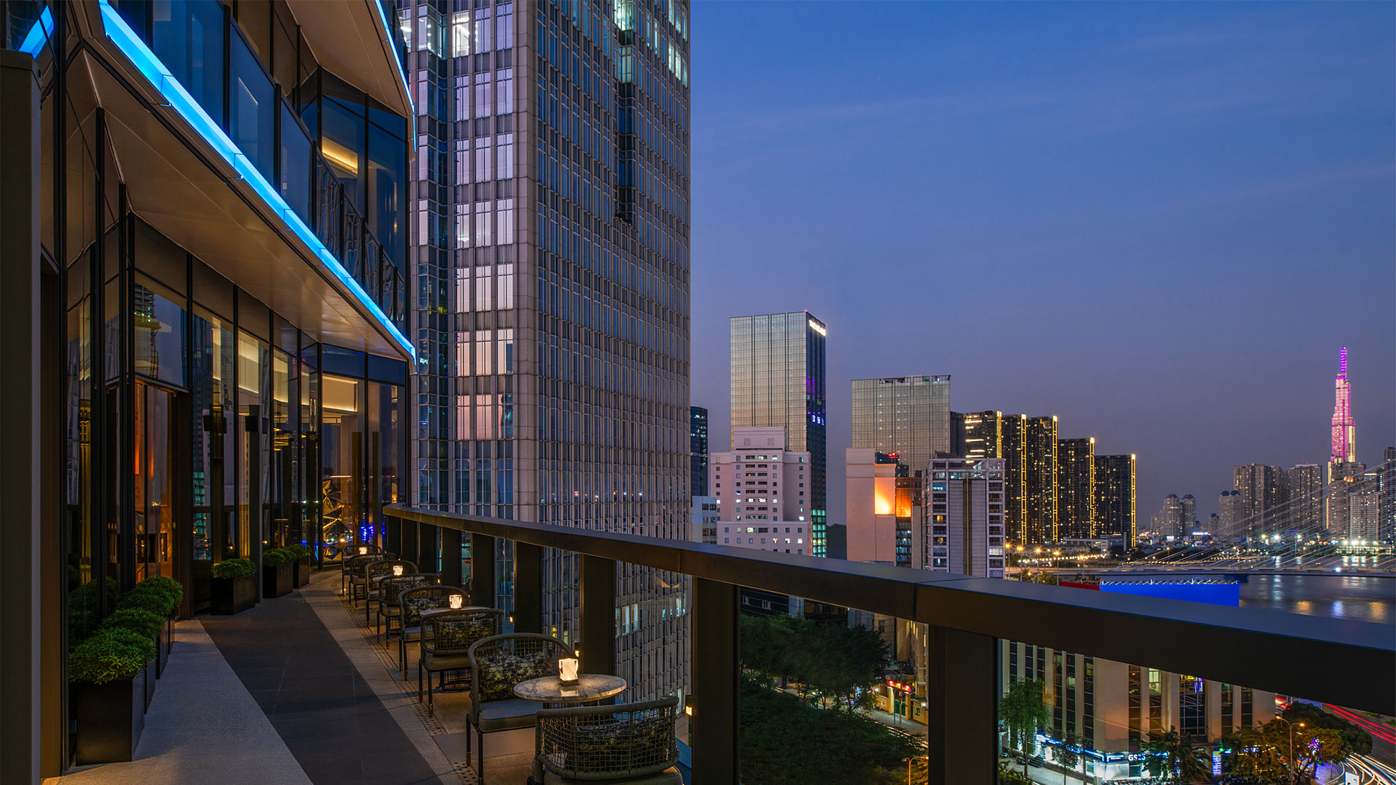 A city skyline at night.