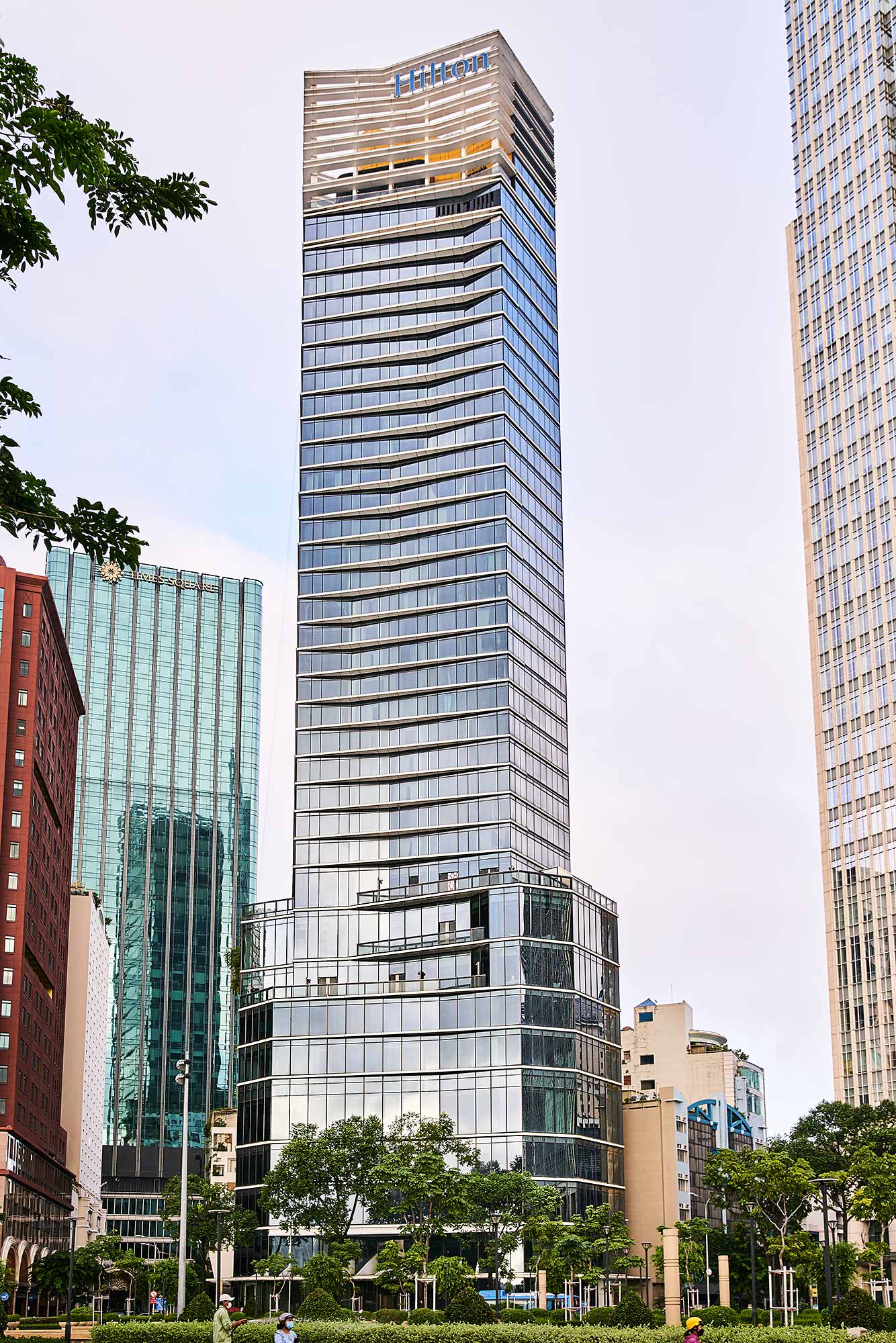 A tall glass building.