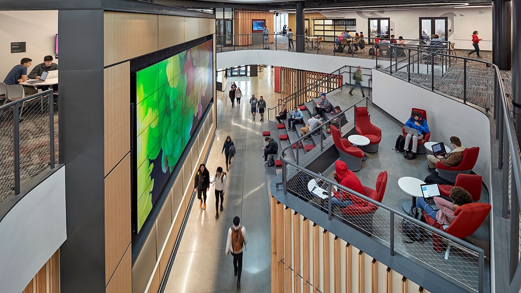 A group of people in a building.