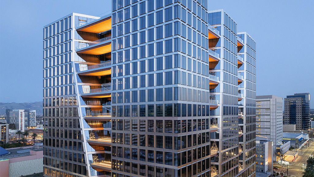 200 Park building exterior closeup against San Jose skyline