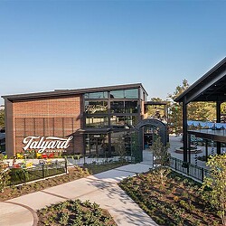A building with a glass front.