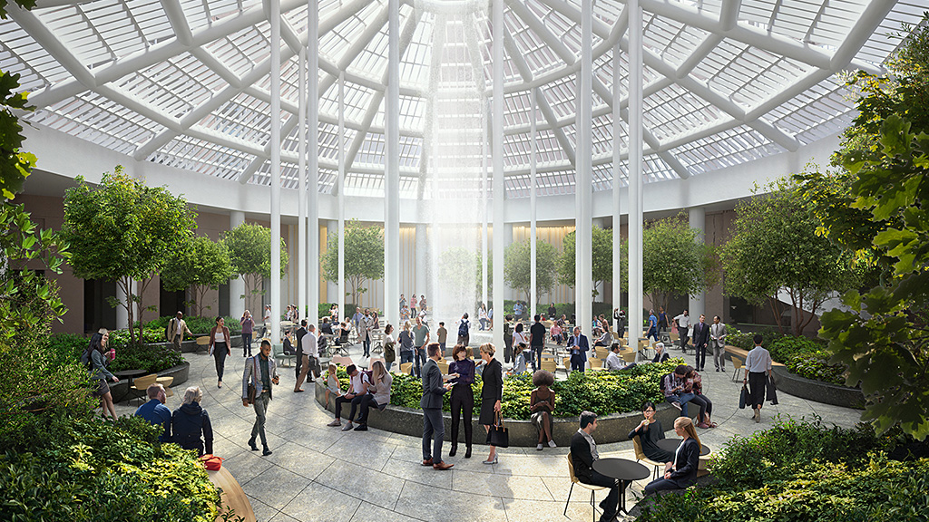 A group of people in a large building.