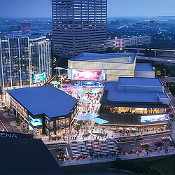 A city with a large crowd of people and buildings.