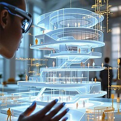 A woman looking at a large white building.