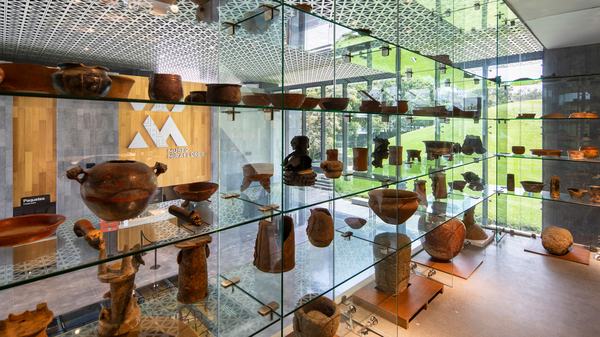 A display of ancient pottery.