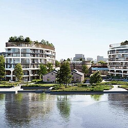 A body of water with buildings along it.