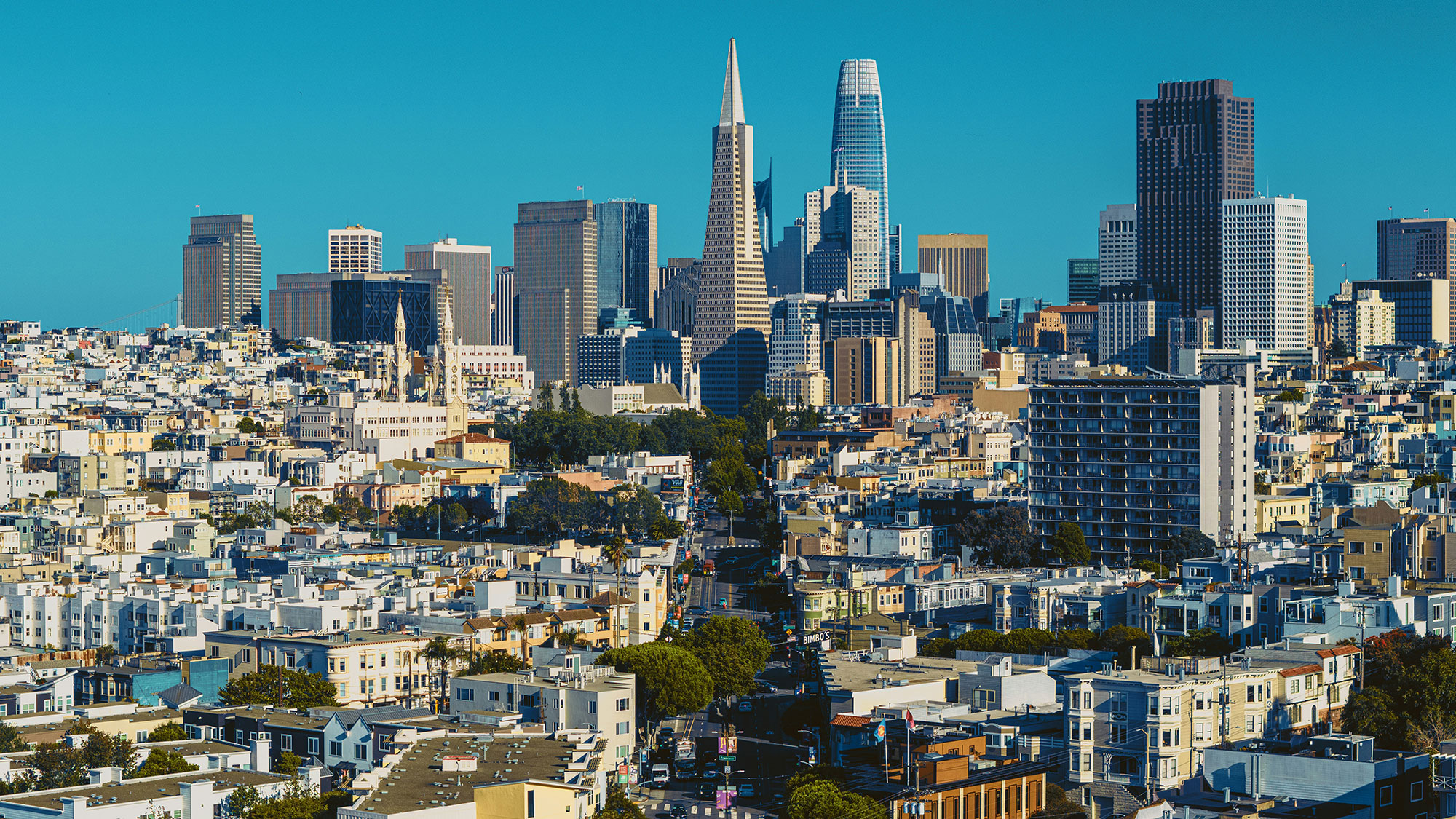 A city with tall buildings.